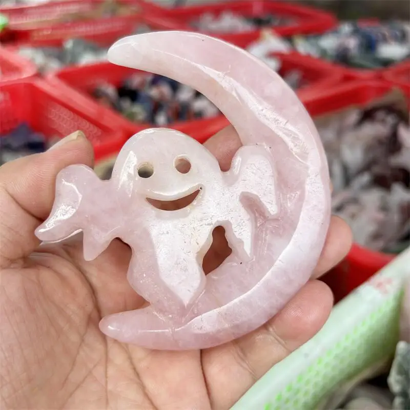 Natural Rose Quartz Moon Ghost Carving Crystals Craft Halloween Ornaments Gifts Or Home Room Decoration 1pcs