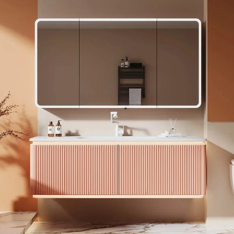 

D80 Light French Cream Wind Oak Bathroom Cabinet Slate Hot Bending Integrated Washbasin Washbasin