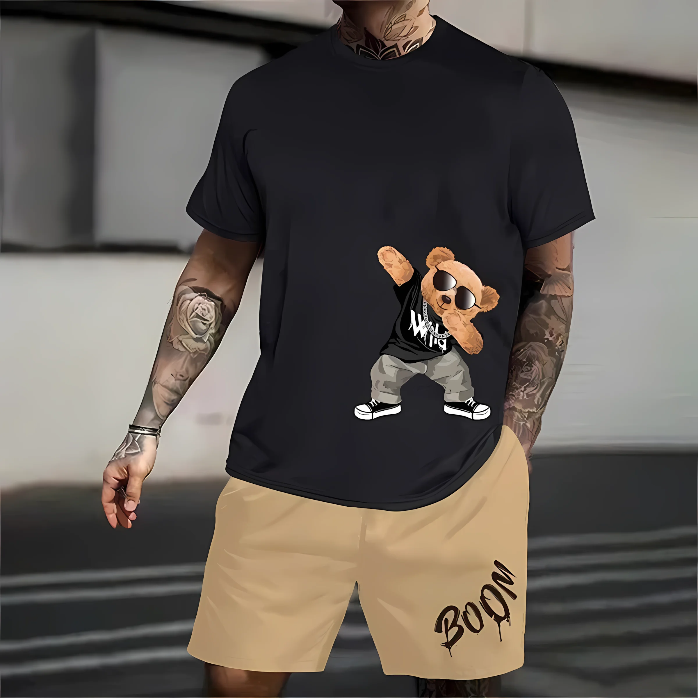 Hot selling men's round neck T-shirt casual comfortable set street short sleeved shorts two-piece set 2025 men's summer set