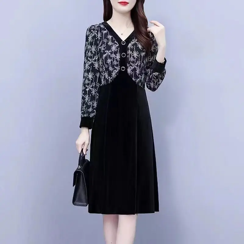 Women V Neck Spliced Midi Dress Long Sleeve Printed Patchwork Velvet A Line Dress Casual Party Dresses