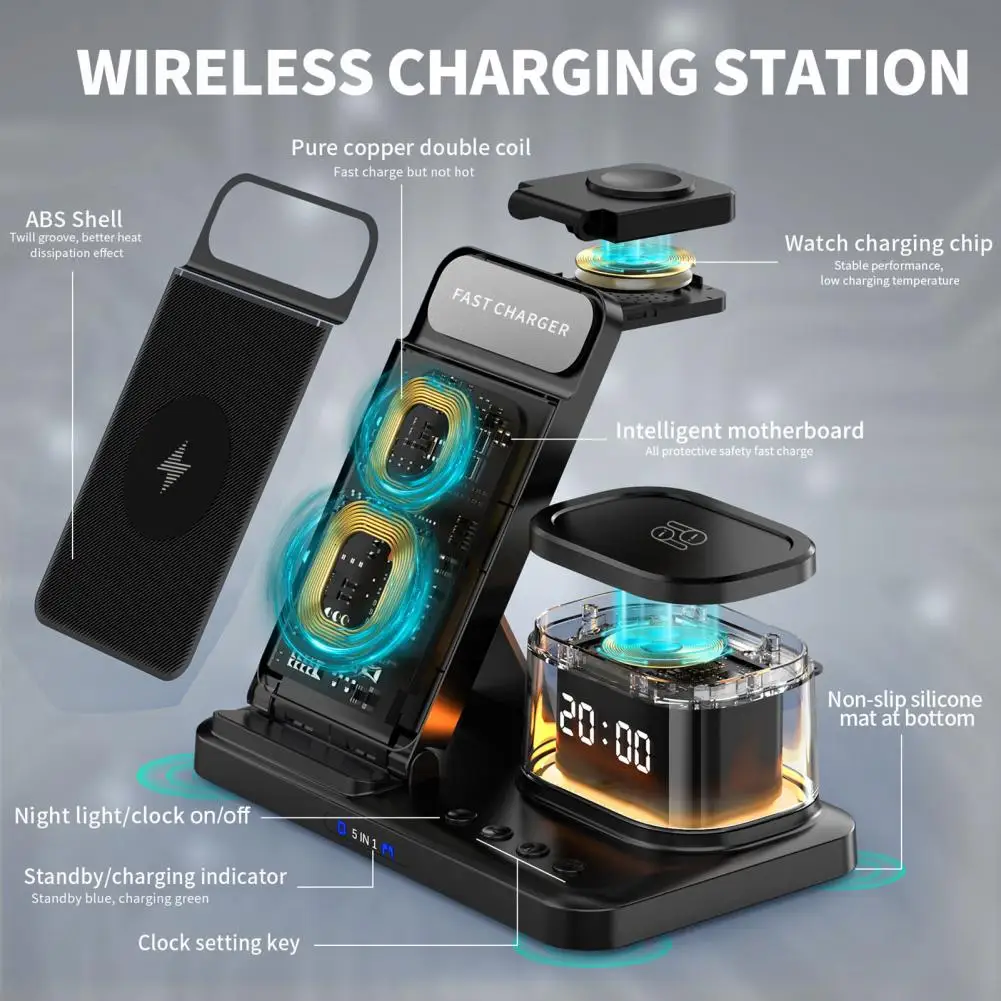 Multi-device Charging Station Wireless Charger Stand Versatile 5-in-1 Foldable Wireless Charging Station Fast Charger