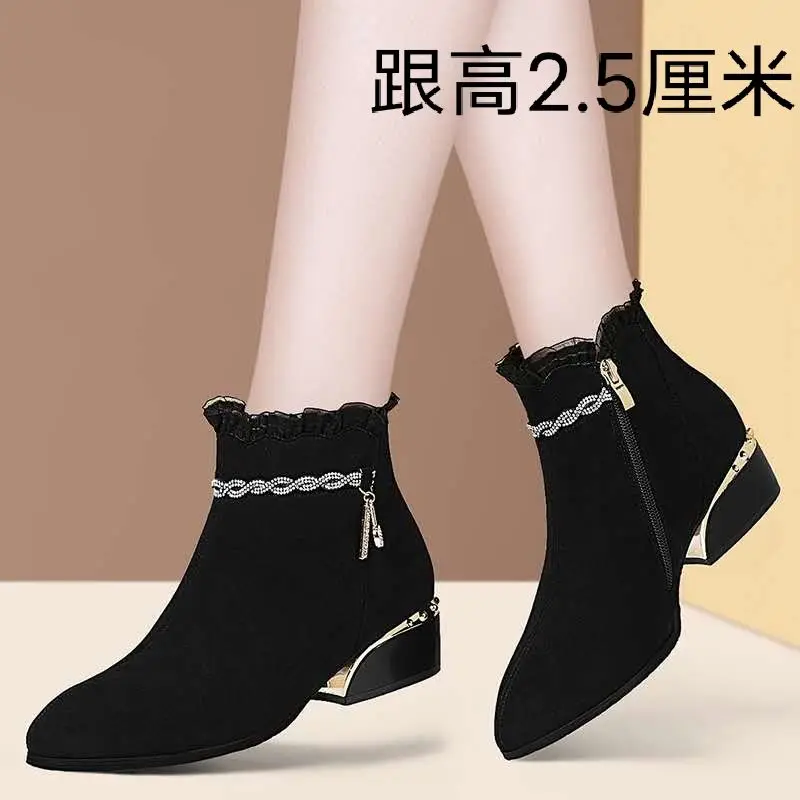 FHANCHU Fashion Women Flock Ankle Boots,Mid Heeels Winter Shoes,Lace Short Botas,Round Toe,Side Zip,Black,Dropship