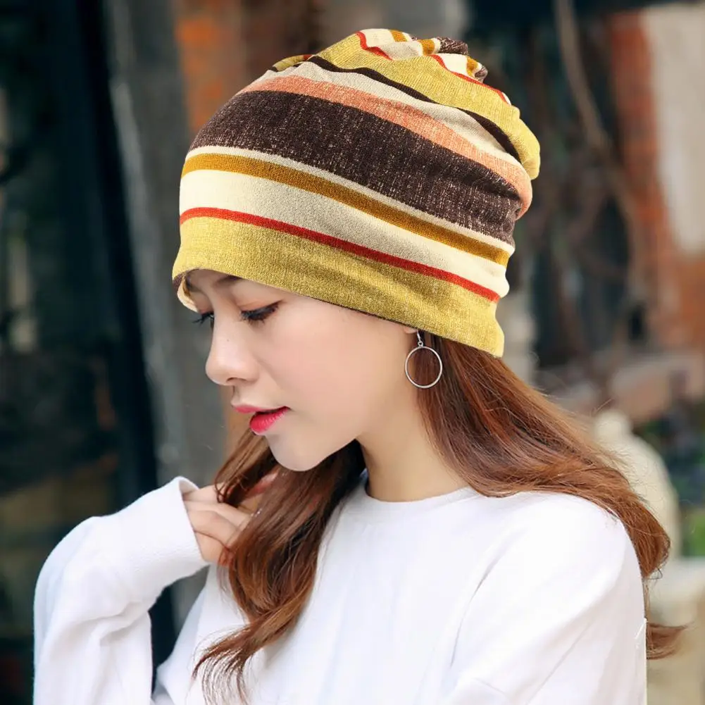 Unsiex Fall Winter Hat Striped Elastic No Brim Regular Fit Cap Baggy Ear Decorative Hip Hop Women Men Beanie Cap