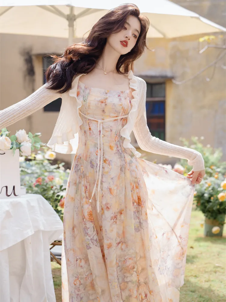 Dress Two-Piece Suit Women's French Retro Floral Jacquard Sleeveless Long Cardigan SpringSummer V-neck Pullover Slim Fit Fashion