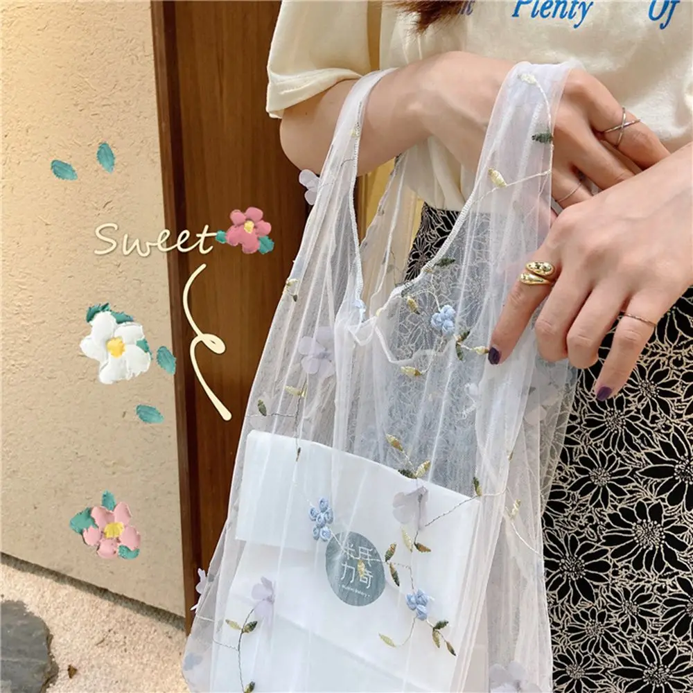 Women Transparent Tote Double Organza Yarn Cloth Bag Embroidery Flowers Handbag High Quality Eco Shopping Bag Purses For Girls