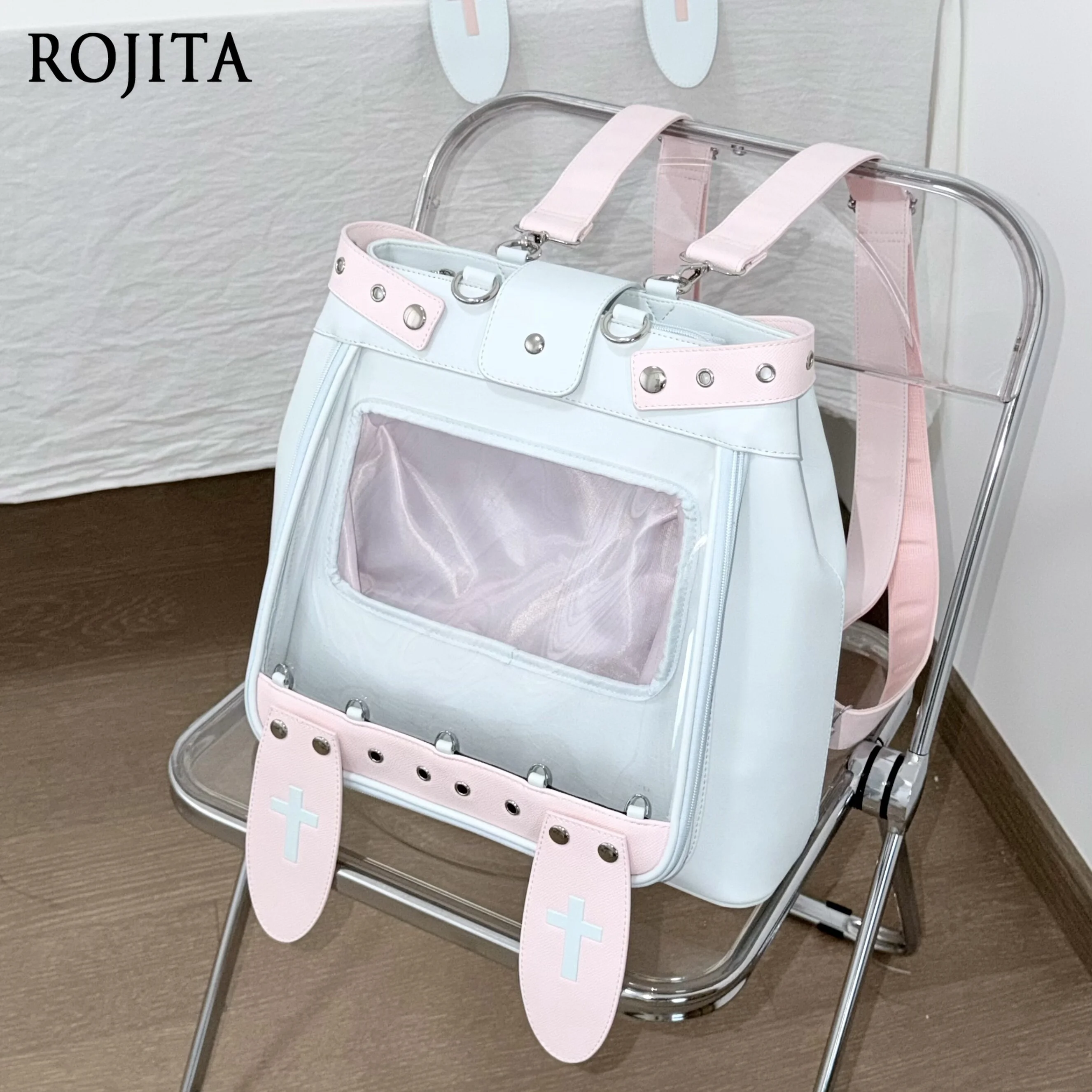 Pastel Pink Blue Contrast Ita Bag Backpack Clear Window Cross Pendant Rivet Decor Kawaii Lolita Multi-Way Shoulder Bag
