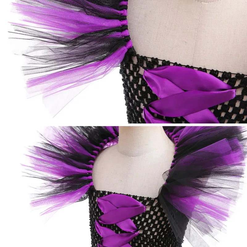 말레피센트 넥 걸즈 할로윈 테마 코스프레 의상 수제 직조 튤 드레스 악당 역할 놀이 의상 럭셔리 가운 sk;m1