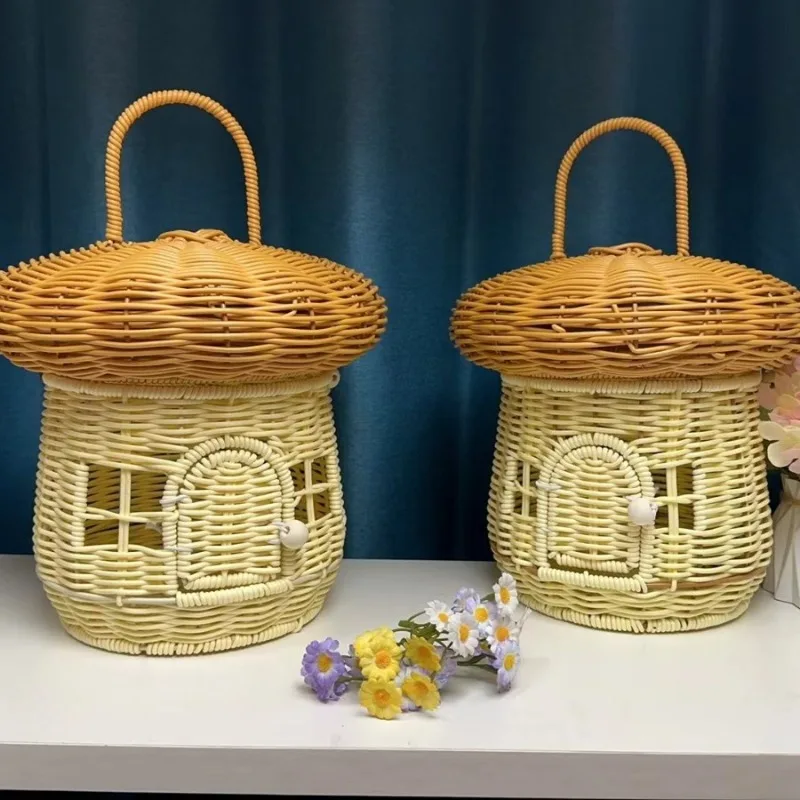 

Корзина для хранения, корзины ручной работы из ротанга с грибами и крышкой, тканый органайзер для хранения, настольная декоративная коробка, большая сумка, товары для дома