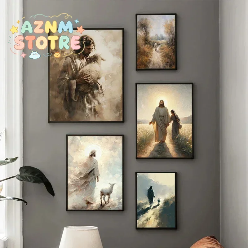 (2D canvas painting)  Jesus Lion on Walk Water Christianity Posters Wall Art Pictures Canvas Painting Living Room Bedroom Hom