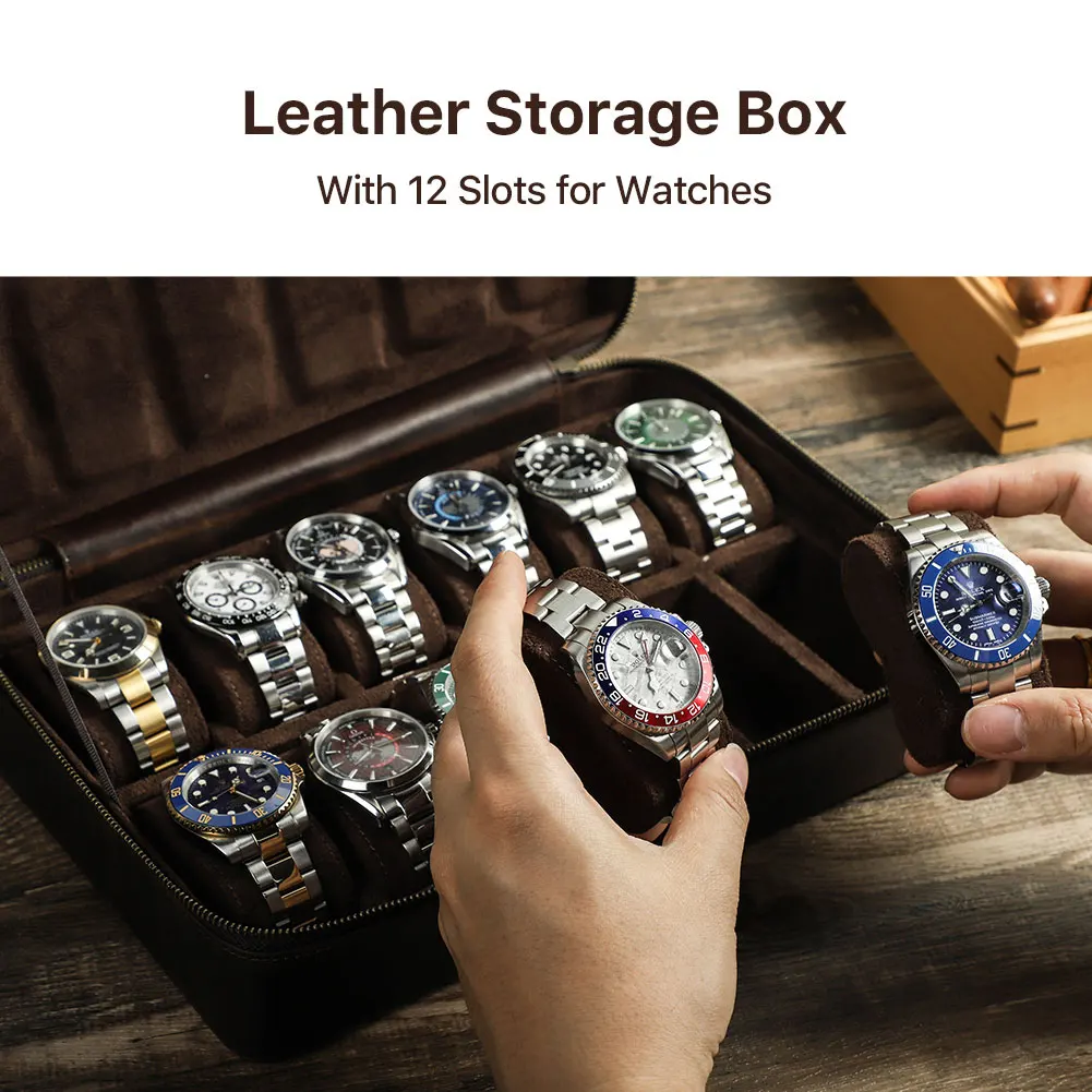 CONTACT\'S FAMILY Vintage Handmade Cowhide Leather 12 Slot Watch Case Display Jewelry Organizer Large Capacity Storage Box Zipper