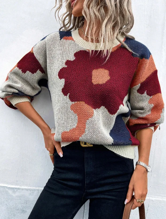 

Women Print Full Sleeve Round Neck Loose Tops Casual Knitted Pleated Short Sweaters New Autumn Lady Daily Street Commute Outfits