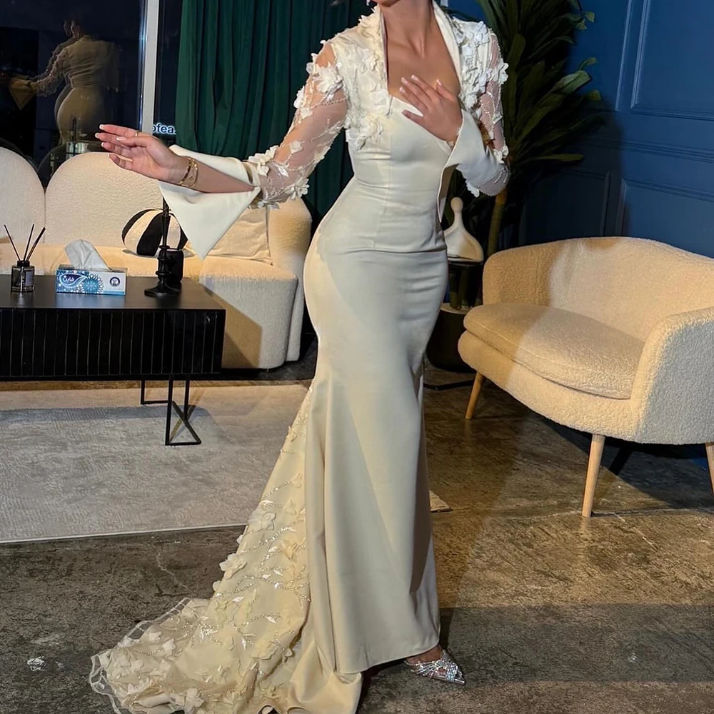 

Customized Mermaid Evening Dresses Floor-length V-neck Full Sleeve Prom Gown Fashion Sequined Flowers Simple Draped Party Gown