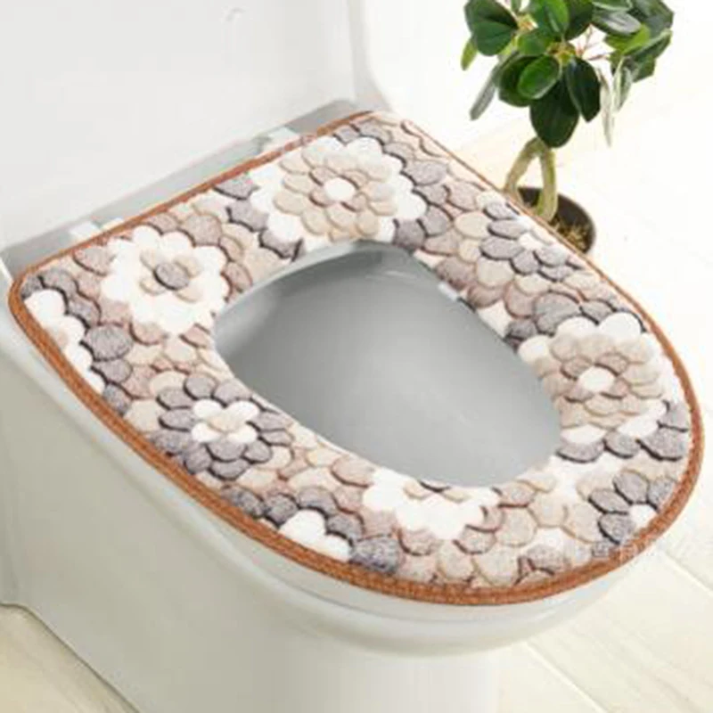 Flower Warm Toilet Cover Seat Lid Top Cover Pad Bathroom Warmer Toilet Seat Bowl Zipper Washable Toilet Seat Cover