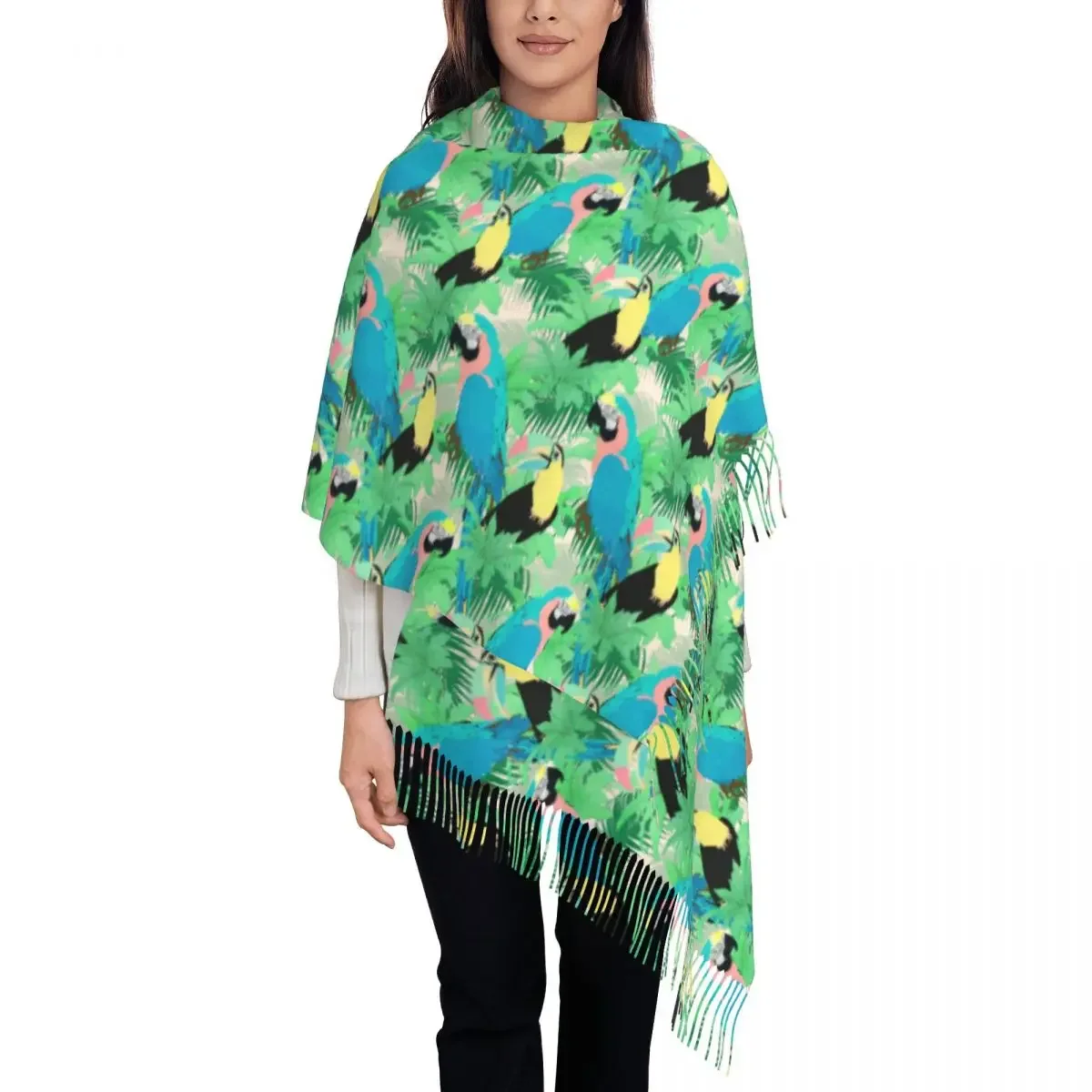 Modern Exotic Parrot Scarf Lady Tropical Leaf Print Headwear Scarves with Long Tassel Winter Vintage Shawl Wrap Bufanda Mujer