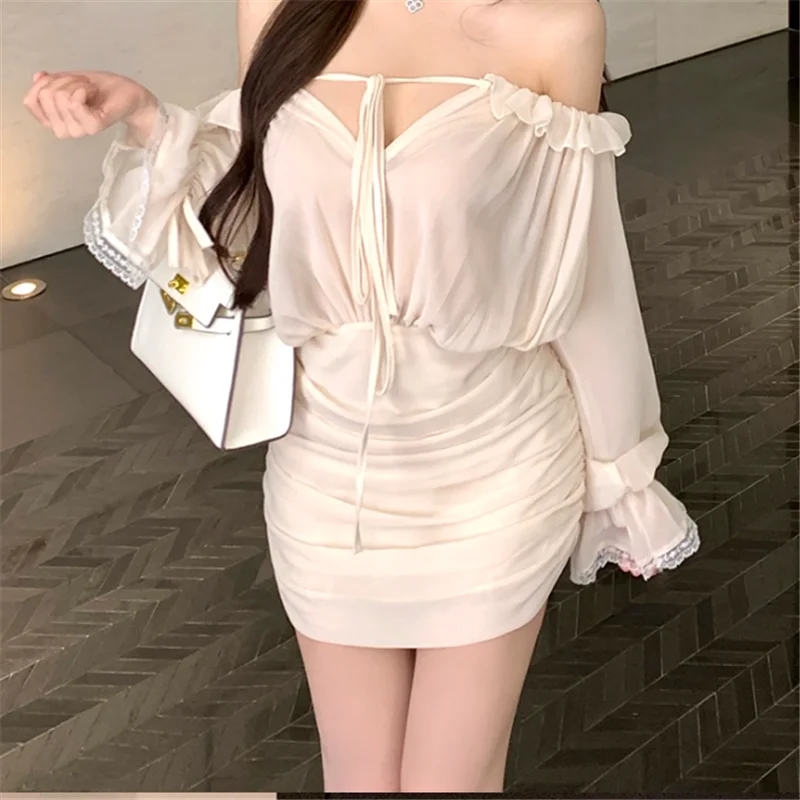 Mini robe crayon plissée abricot, Sexy, sans bretelles, manches longues évasées, col Slash, Slim, épaules dénudées, robe courte de Ballet