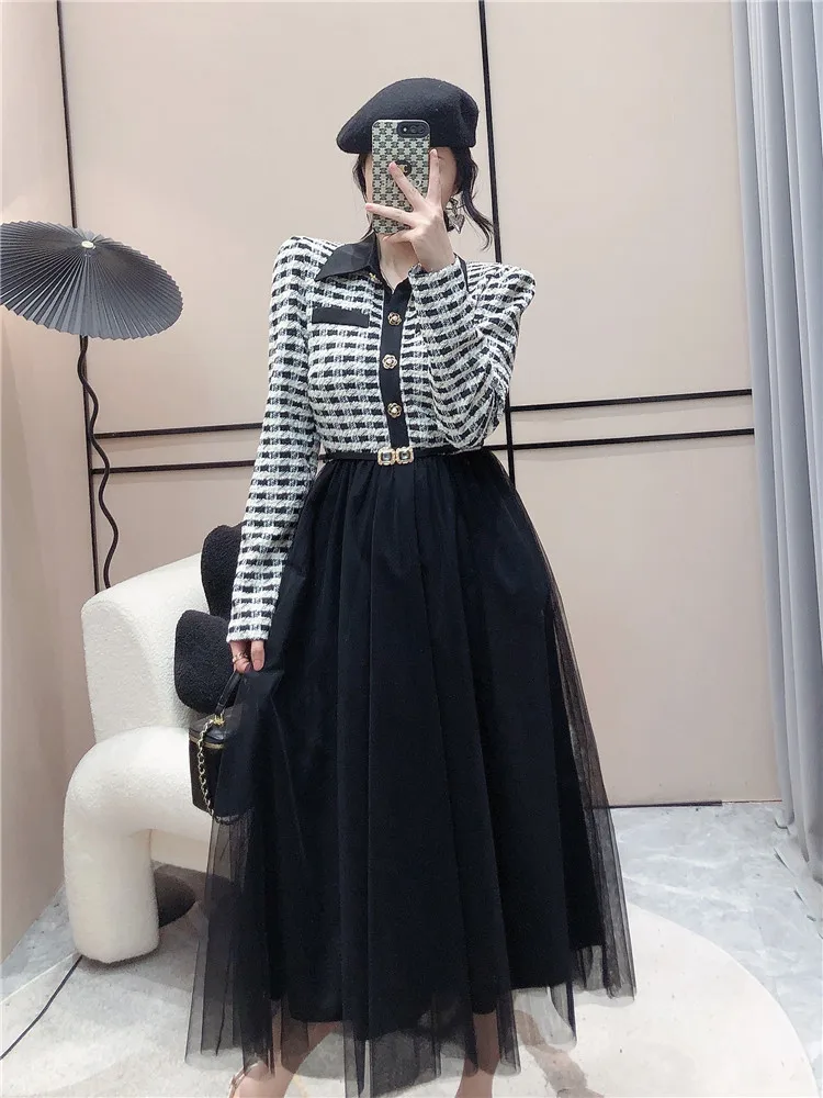 Autumn Women Mid-length Elegant Tweed Mesh Patchwork Fake Two Dress Temperament Plaid Shirt Collar Belt Long Dress Robes