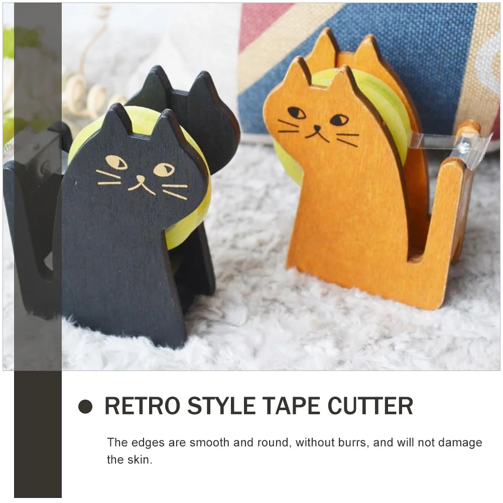 2 Pcs Office Accessories Cat Tape Holder Convenient Wooden Dispenser Desktop Roller Portable Shaped Child