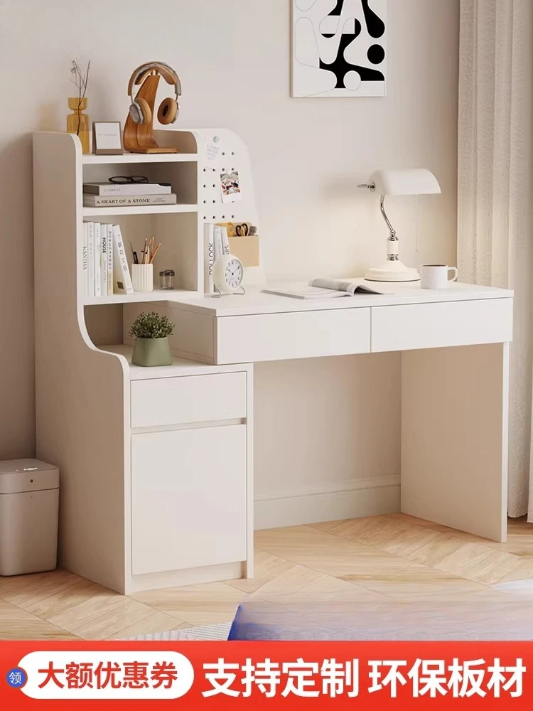 

Retractable cream wind computer desk bookshelf with bookcase