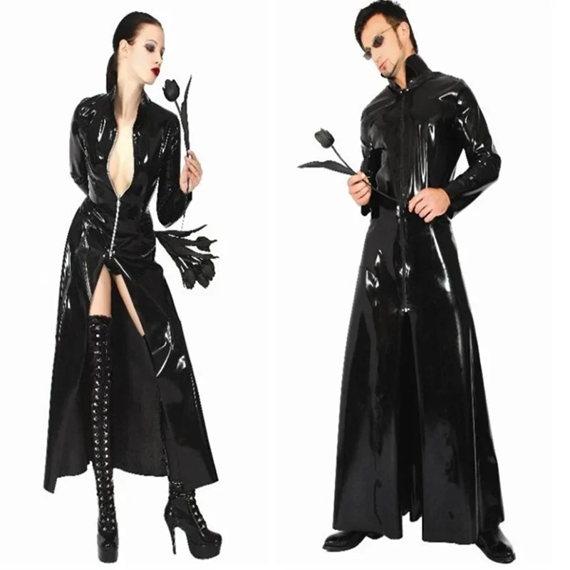 Fashion Sexy Vinyl Clubwear Balck Pvc Faux Leather Long Sleeves Gothic Long Coat For Men Women PU Leather Coat Trench