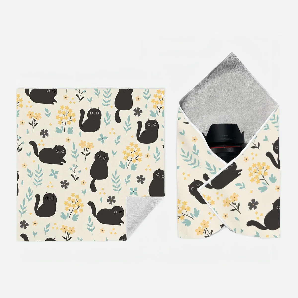 1pc Multi-functional Magic Sticky Cloth Adorable and Soothing Black Cat with Small Flowers Print  Camera Protective Cover