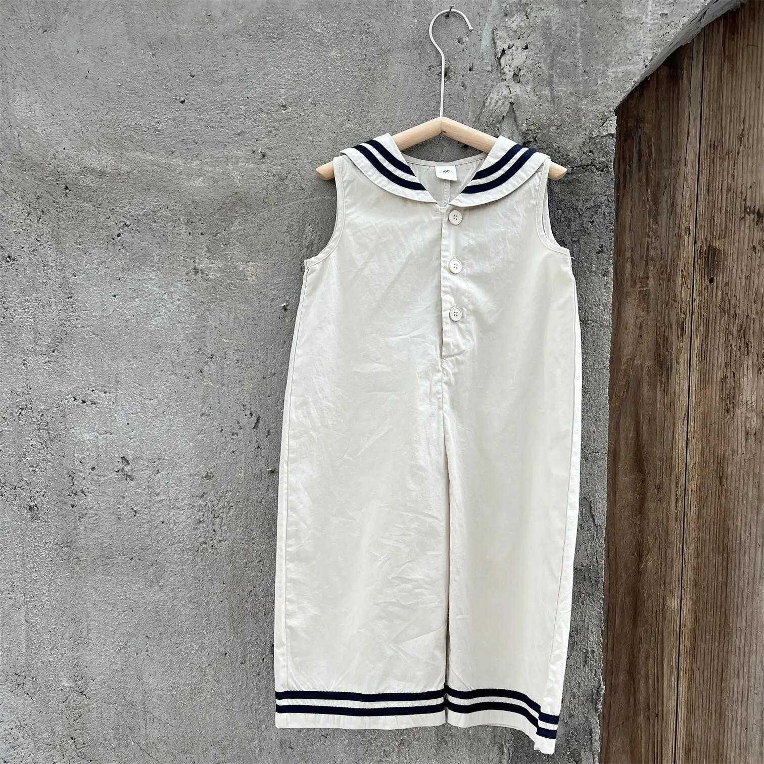 Korean Children\'s Jumpsuit 2023 Summer New Sailor Collar Navy Girl\'s One Piece Clothes Sleeveless Wide-leg Pants
