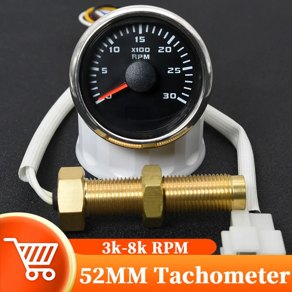 52mm Pointer Tachometer 3K-8K RPM Meter For Car Tacho Meter Gauge With Red Backlight For Car Boat Yacht RV 9-30V