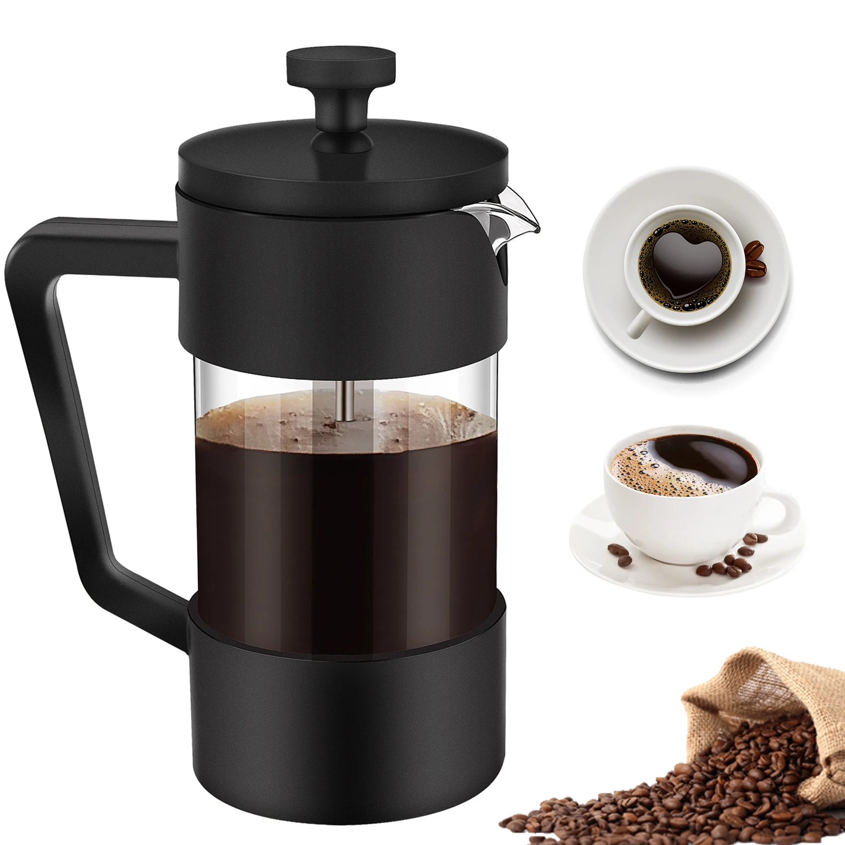 T80C French Press Coffee & Tea Maker 12Oz, Thickened Borosilicate Glass Coffee Press Rust-Free and Dishwasher Safe,Black