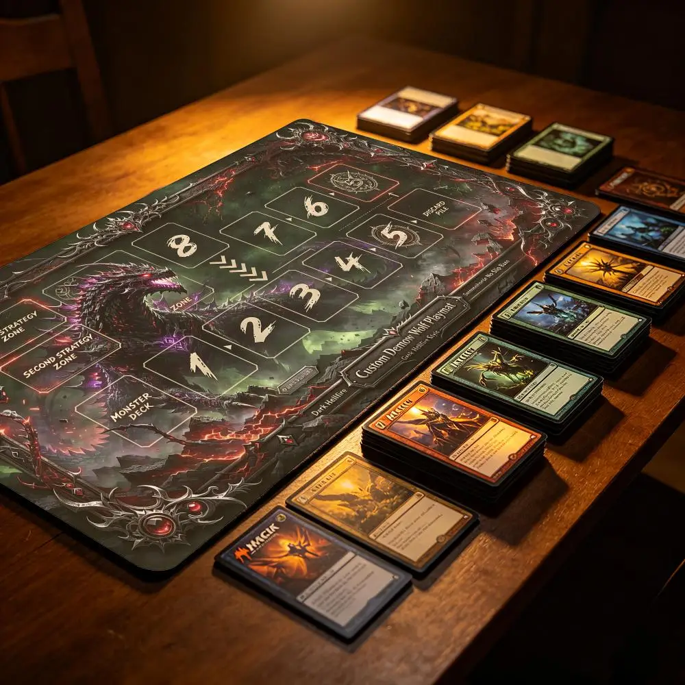 Purple Flame Dark Dragon TCG Playmat with Zones, Hell Lava Trading Card Game Mat, Non Slip Rubber Card Play Mat for Tabletop Car