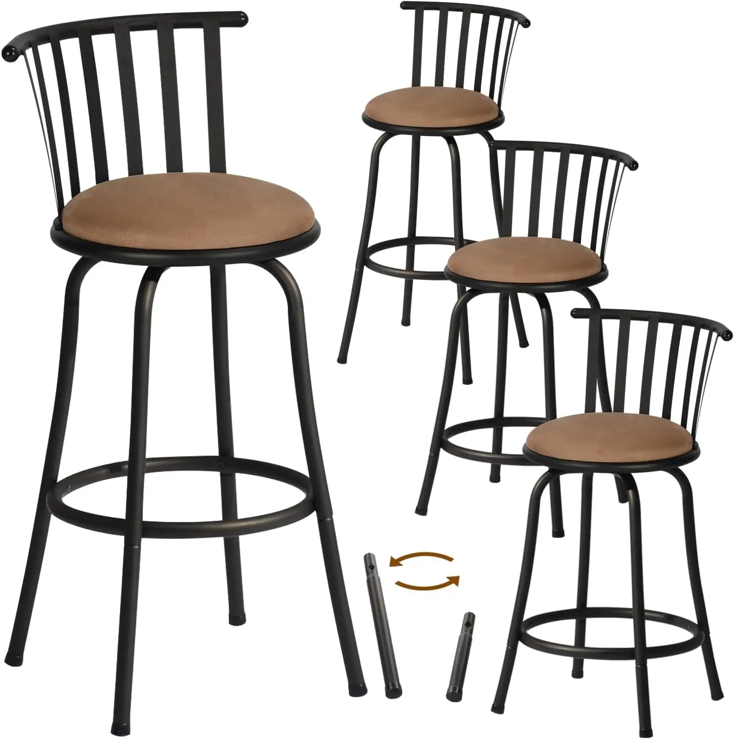 

Adjustable Classic Barstools Set of 4, Country Style Bar Chairs with Back and Footrest Swivel Counter Height Bar Stools