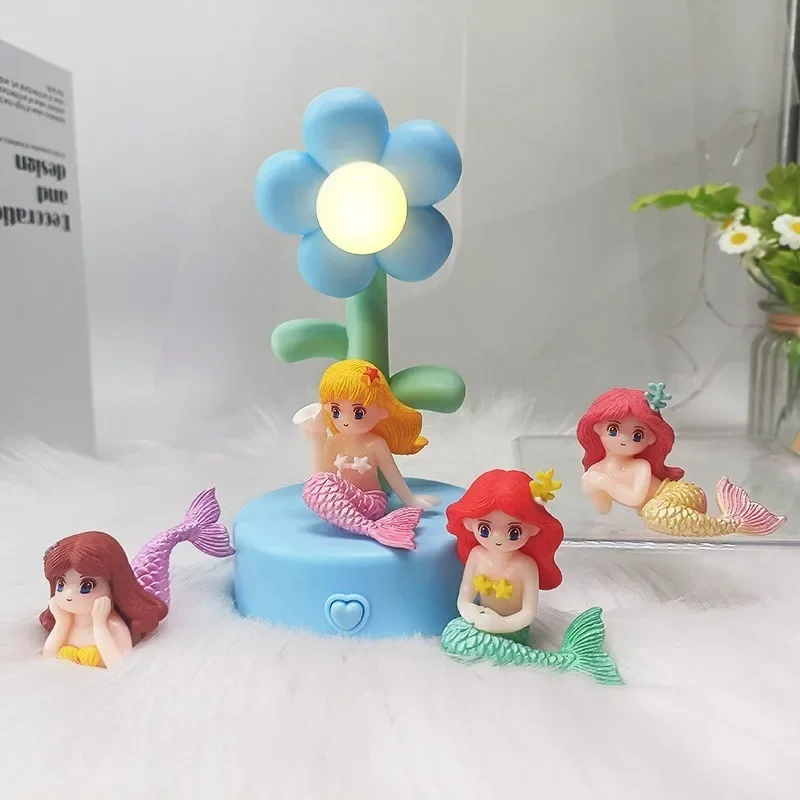 

4Pcs Disney Mermaid Princess Dolls Anime Action Figure Cartoon Q Figural Cute Car Desk Cake Decoration Models Girl Birthday Gift