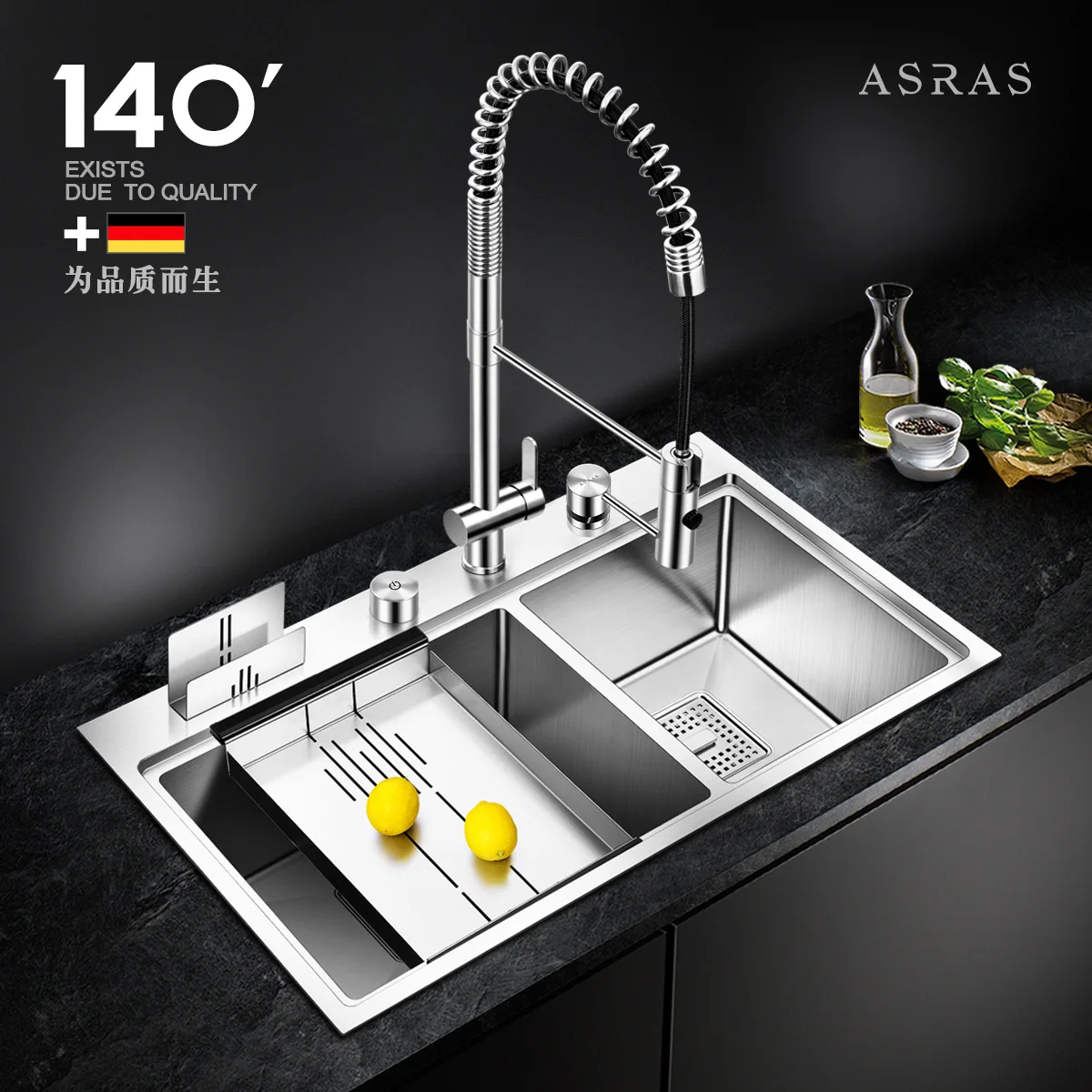 Asras 8248T SUS304 handmade kitchen sink multipurpose with accessories fine brushed  drainer  tap 