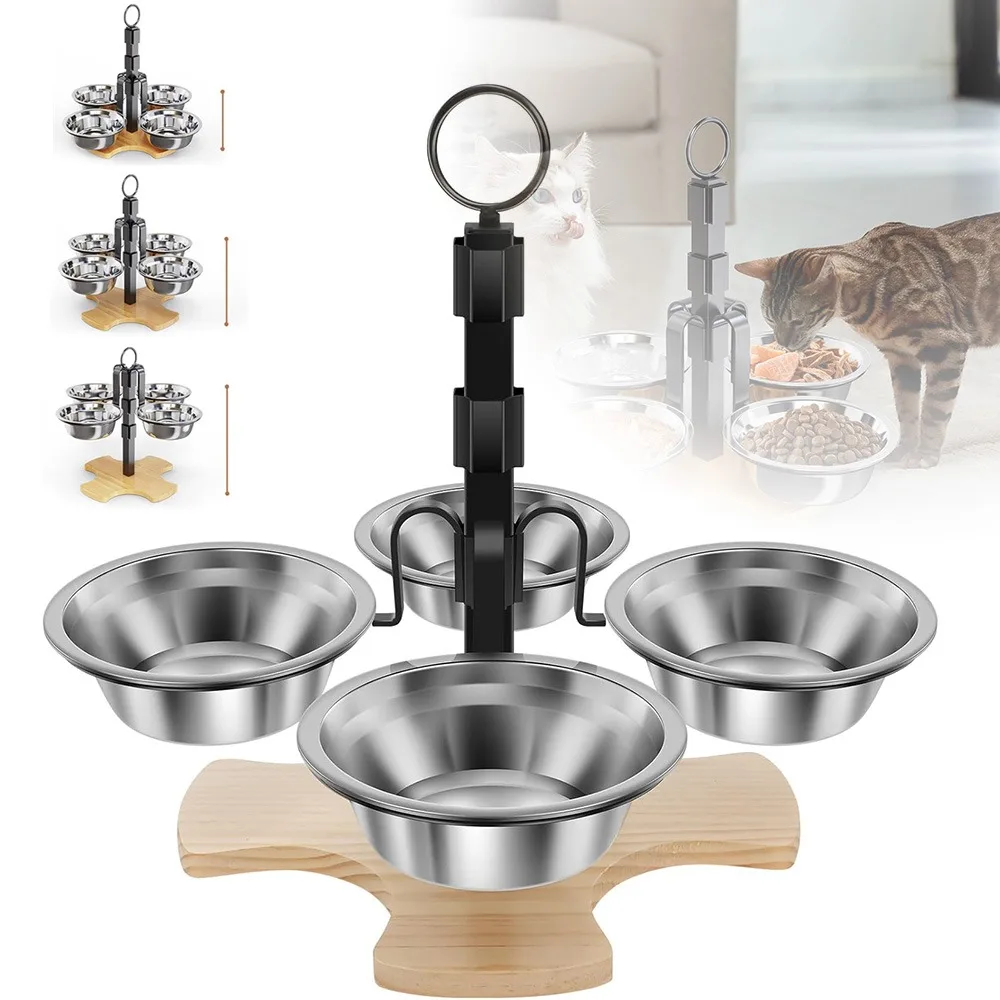 Bols surélevés pour chats avec support, station d'alimentation pour animaux de compagnie réglable en 3 hauteurs avec 4 bols en acier inoxydable pour chats de petite et moyenne taille, pour l'alimentation quotidienne des animaux de compagnie