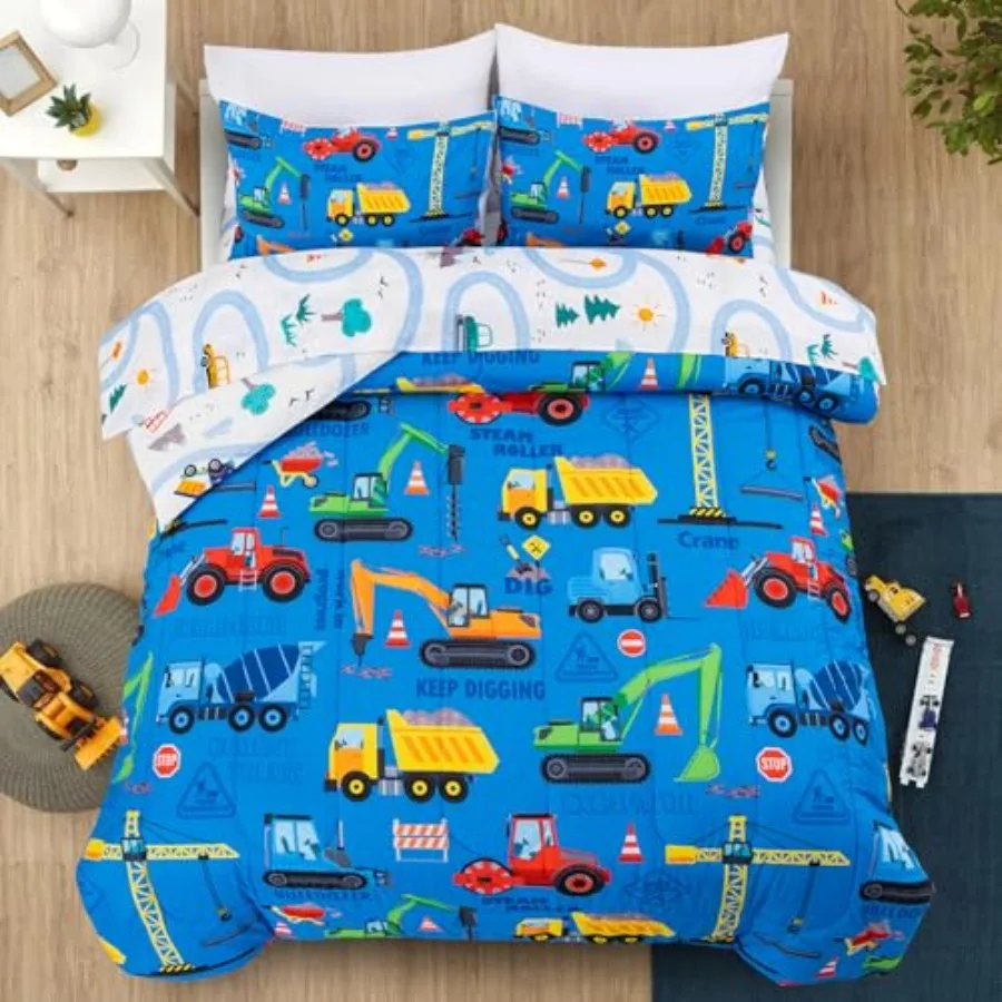 

Trucks Excavator Cars Boy Bedding Comforter Set with Sheets Size Cartoon Construction Car Tractor Print Bed in A Bag 5-Piece Bo