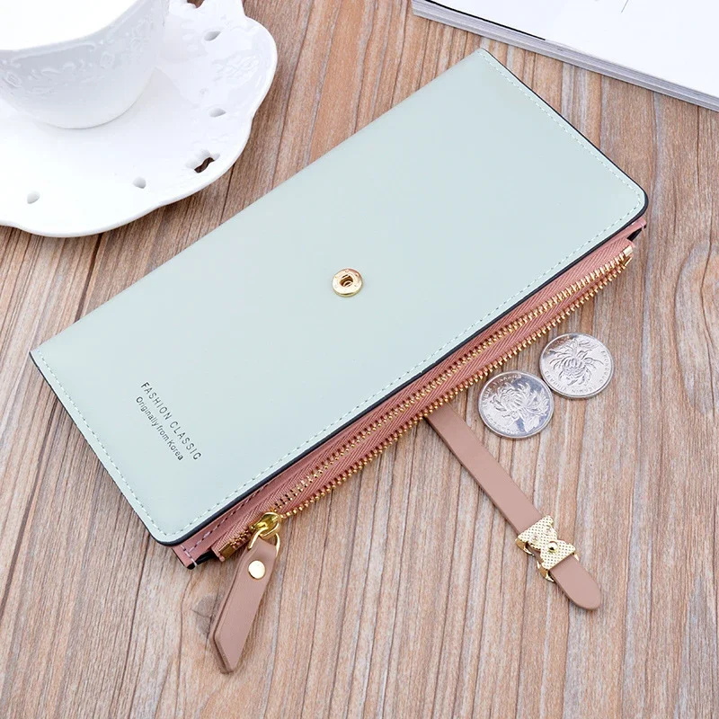 New Women's Wallet Long Korean Student Fashion Zipper Buckle Thin Money Clip Multi Card Soft Leather Clips Case Classic Purse