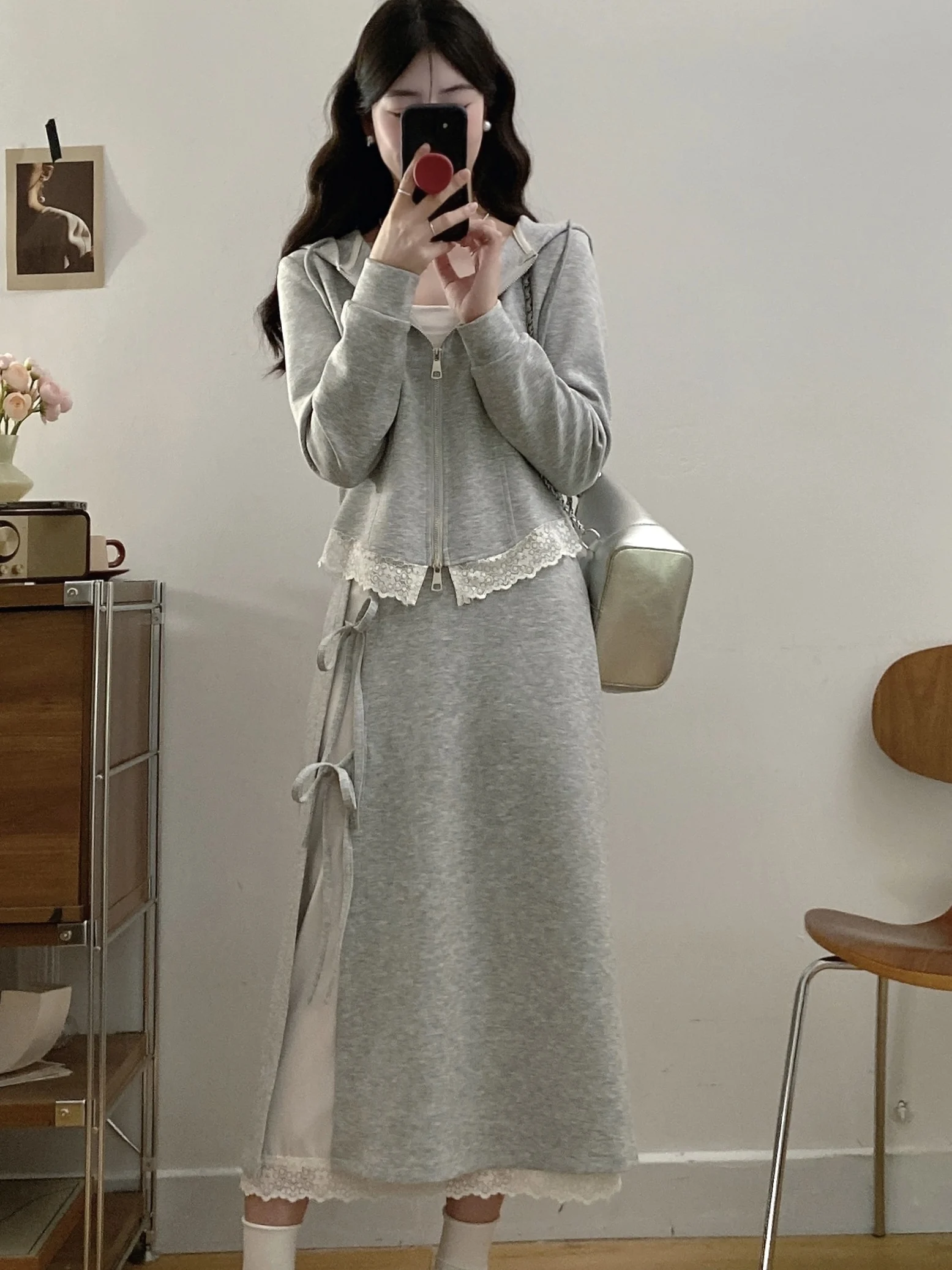 Sporty Lace Patchwork Hoodie And Split  Skirt Set Women's Fashion Spring Autumn Two-Piece Suit Casual Comfortable Wear