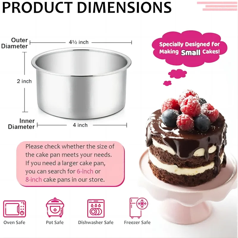 4 Inch Small Cake Pan Set of 3, Stainless Steel Mini Round Smash Cake Baking Pans, Mirror Finish & Dishwasher Safe