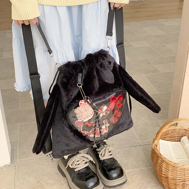 Ita Bag, Rucksack mit Klarsichtfenster, Damenmode-Plüsch-Umhängetasche mit Kordelzug, Leichte Schultasche mit großer Kapazität – Detail 16