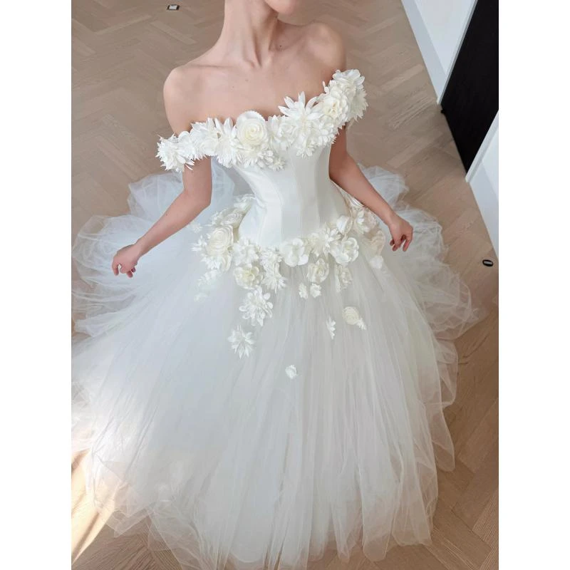 Flower Wedding Dresses With Train Sweet Wedding Party Dress Formal Bridal Wedding Gown Customized Off Shoulder Gowns For Bridals