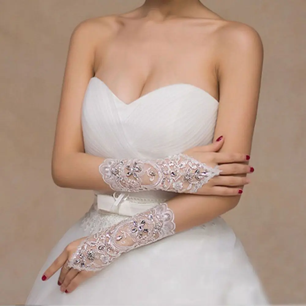 Top Hot Dress Bride Wedding Lace Short Gloves Fingerless Gloves Beads Rhinestone