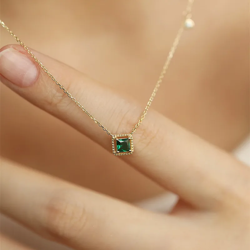 Real 925 Sterling Silver Emerald Square Zircon Pendant Necklaces for Women Minimalist OL Fine Jewelry Light Luxury Accessories