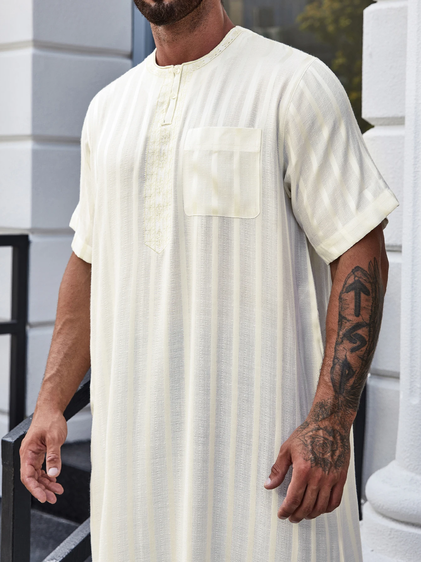 Ramadan Islam Heren Moslim Gewaad Shirt Met Verticale Strepen En Pocket - I Abaya Perfect Voor Casual En Formele Gelegenheden