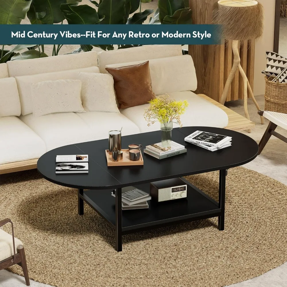 Black Coffee Table Modern Extended Coffee Tables with Storage for Living Room 2-Tier Unique Center Table with Two Folding Panel
