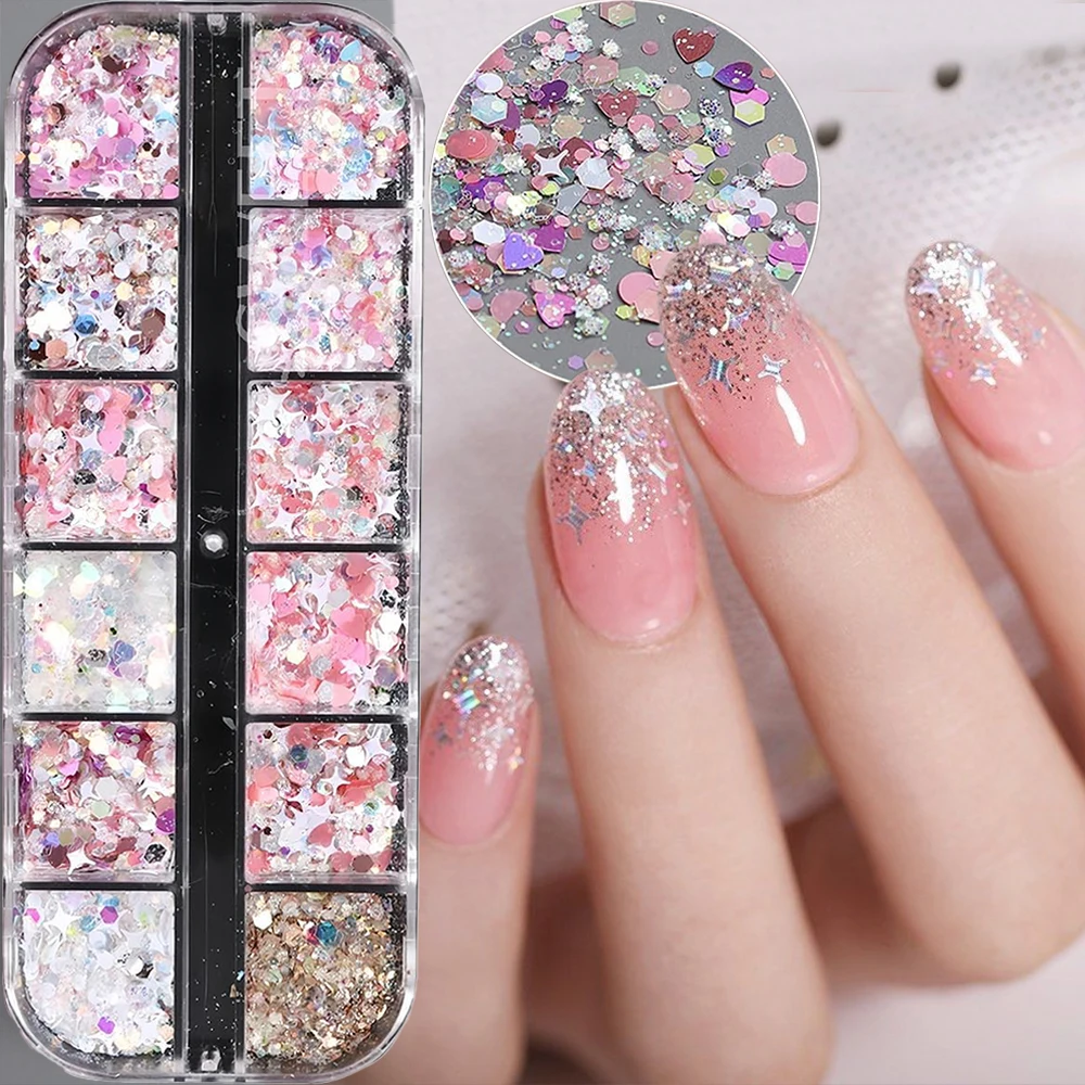 

12Grids Pink Glitter Heart Star Nails Sequin 3D Holographic Hexagon Bling Love Cross Star Nail Flake Mixed Christmas Nail Sequin