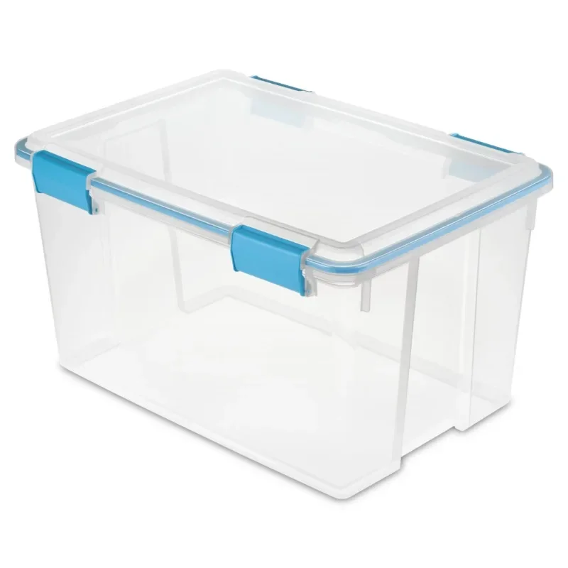

NEW 54 Quart Clear Gasket Box, Weather-Resistant Storage Bin with Lid, Blue, 4 Pack
