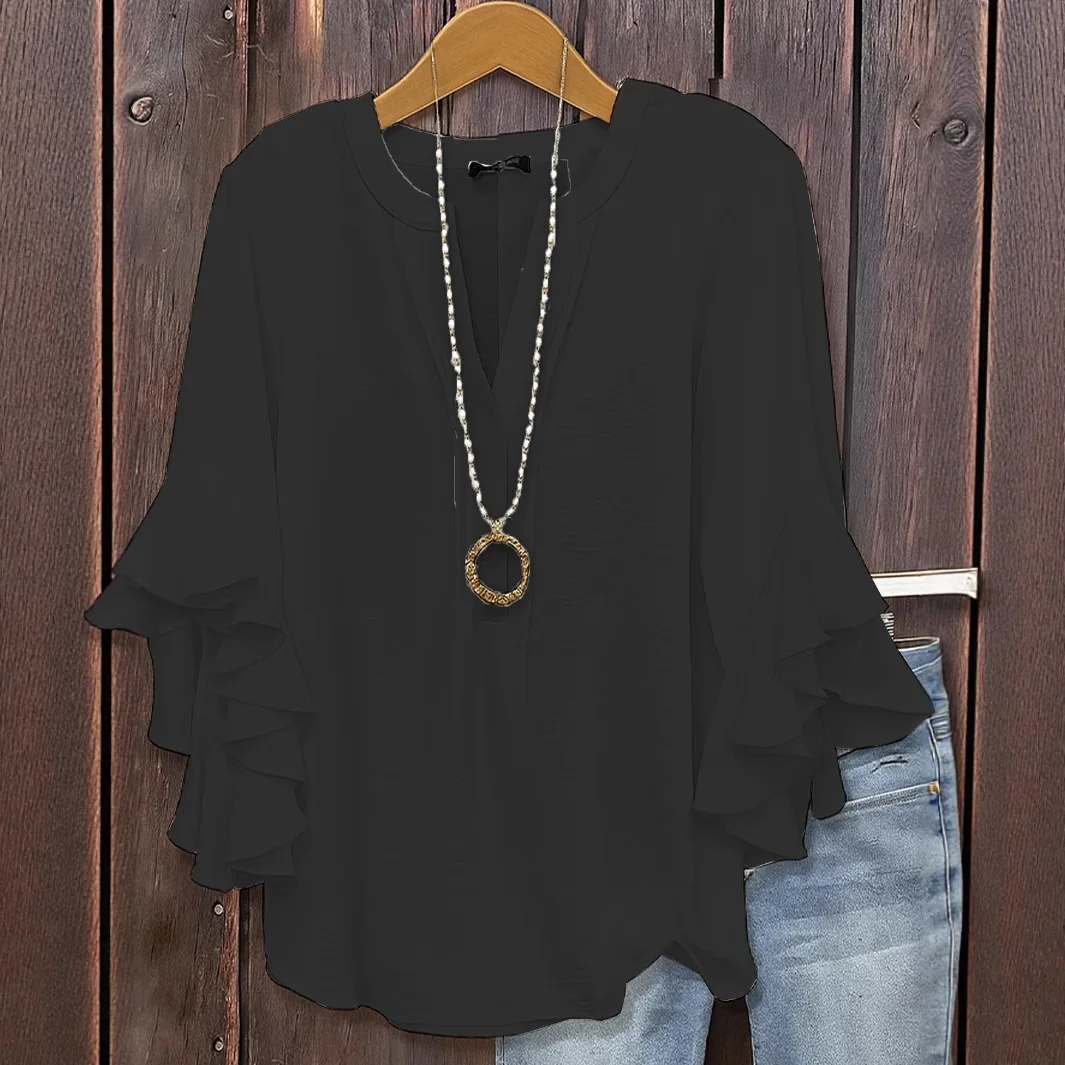 Haut à manches trois-quarts feuille de Lotus, Simple, couleur unie, mode décontractée, ample, col en v, chemise polyvalente pour femmes, Style de transport