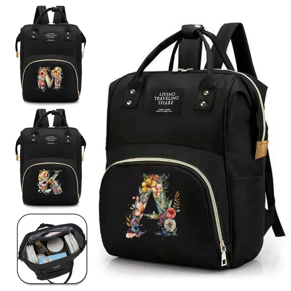 

Mummy Bag Outdoor Travel Waterproof Multi-Function Diapers Bags Large Capacity Lightweight floral letter Printing Series