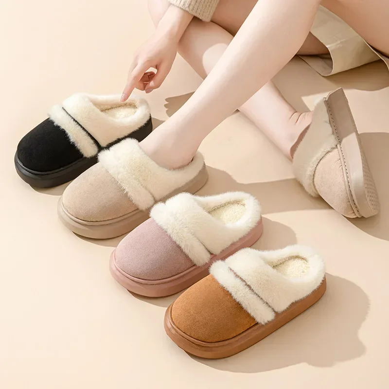 Fashion Couple Winter Toe Wrap Warm Plaid Cotton Slippers Thick Soft Sole Slides Men Women Indoor Floor Flat Home Non-slip Shoes