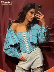 Clacive Fashion Loose Plaid Cotton Women's Shirts Vintage Lapel Long Sleeve Blouse Elegant Shirt With Tank Top 2 Pieces Female