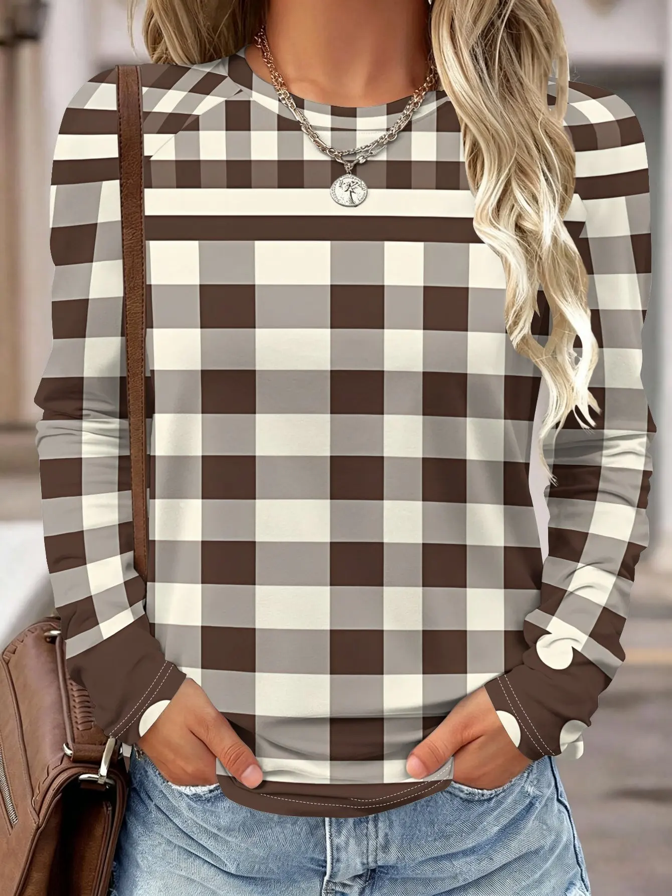 Women Long Sleeve Shirt Yellow Blue Brown Plaid Check Print Round Neck Raglan Casual Fall Daily Tops Women's Clothes view 3