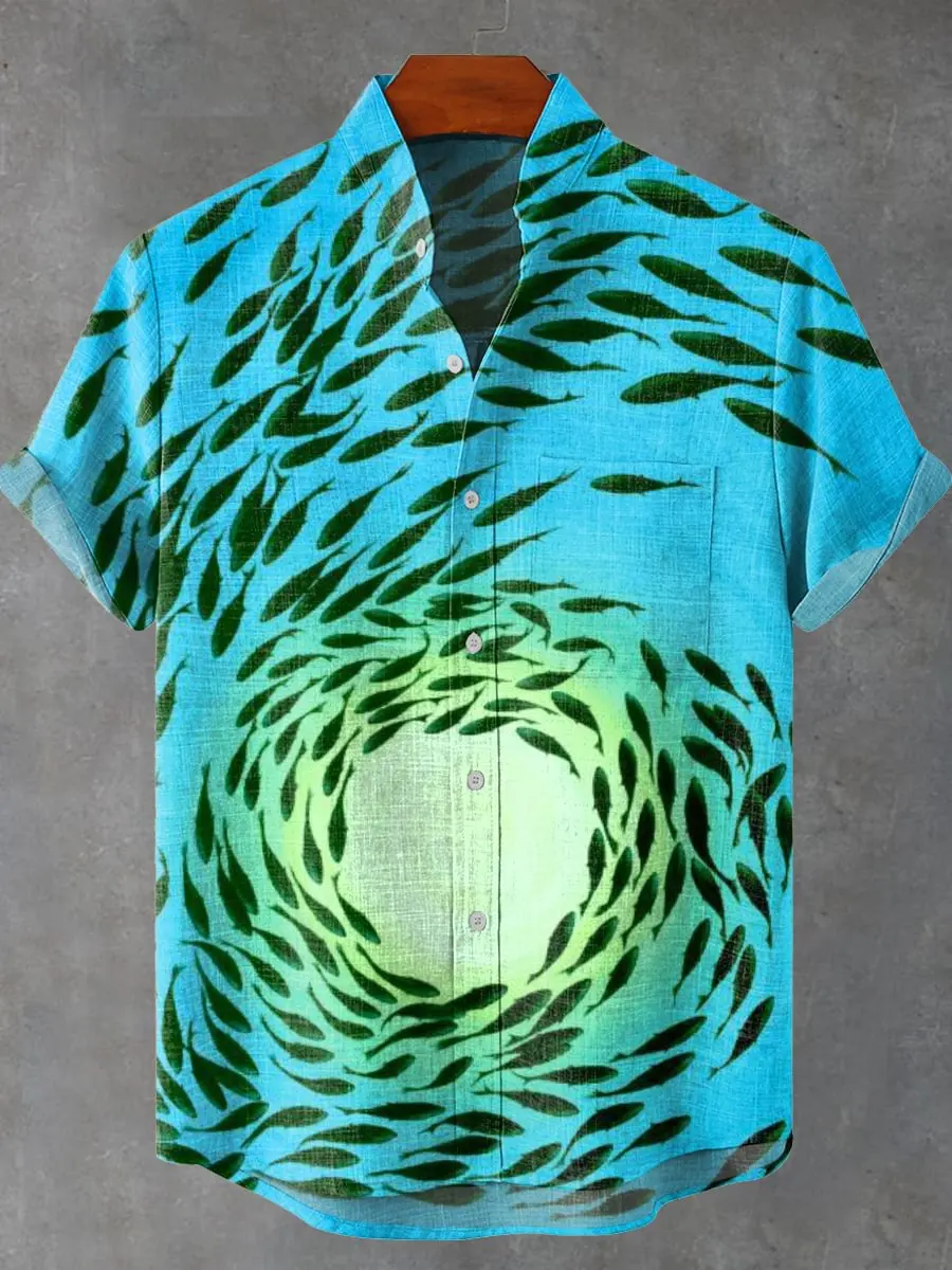 Гавайская мужская рубашка с коротким рукавом с 3D принтом рыбы, модная повседневная удобная дышащая ткань, новая серия